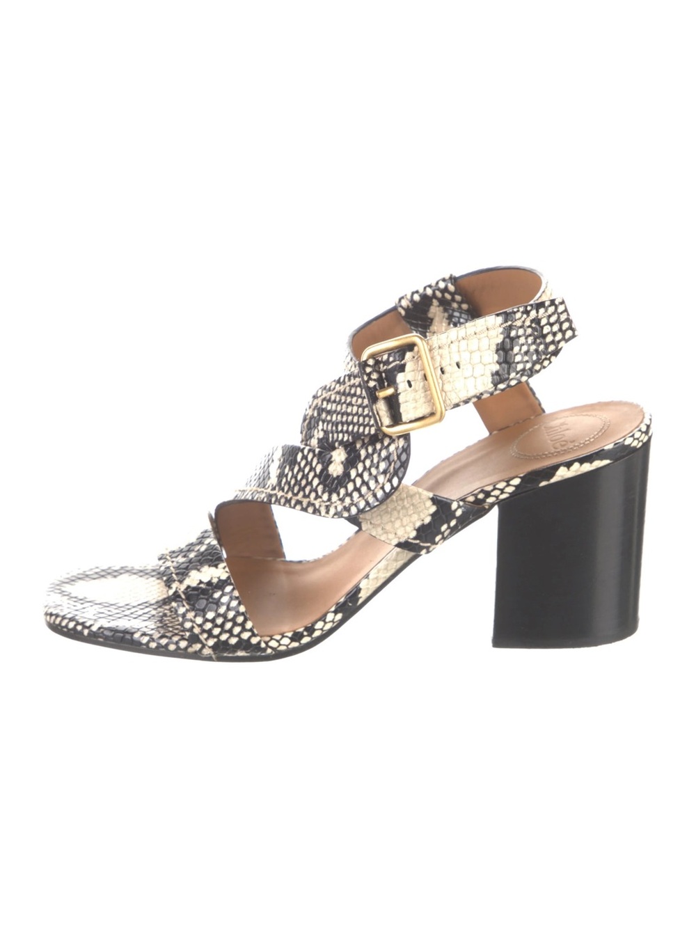Chloe Black and Cream Snake-Print Block Heel Sandal with Gold Buckle Accent